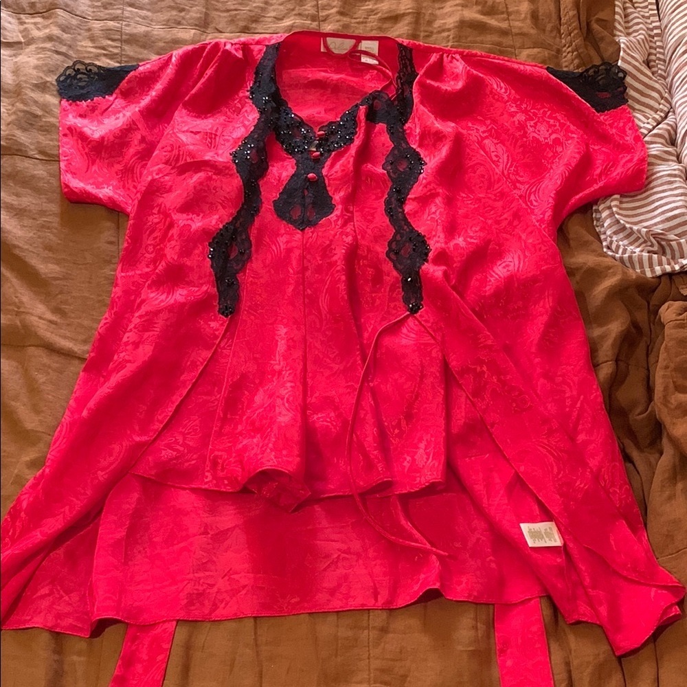 90's vintage Red Lace Trim Romper and robe set SMALL